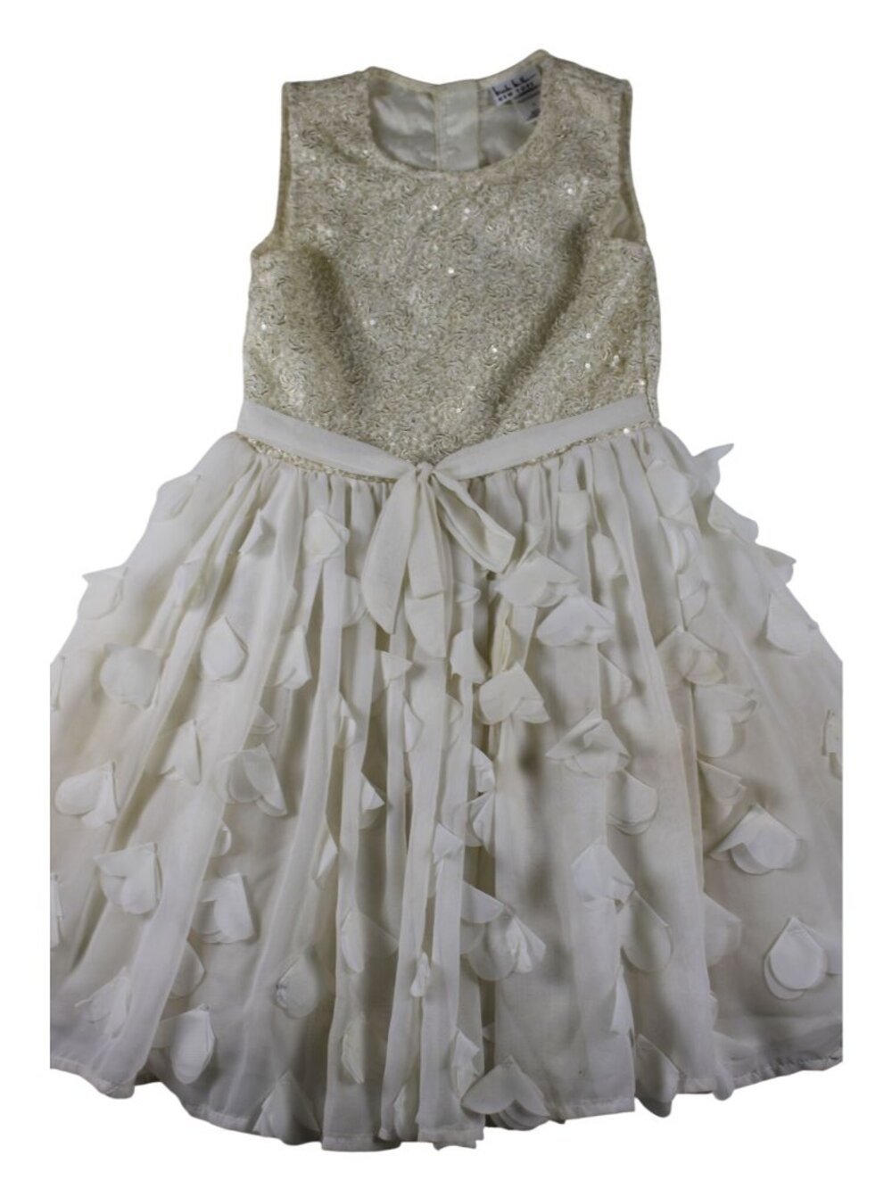 Sleeveless Ivory Girls Dress With Glitter Bodice 3D Petal Skirt & Bow By Nicole
